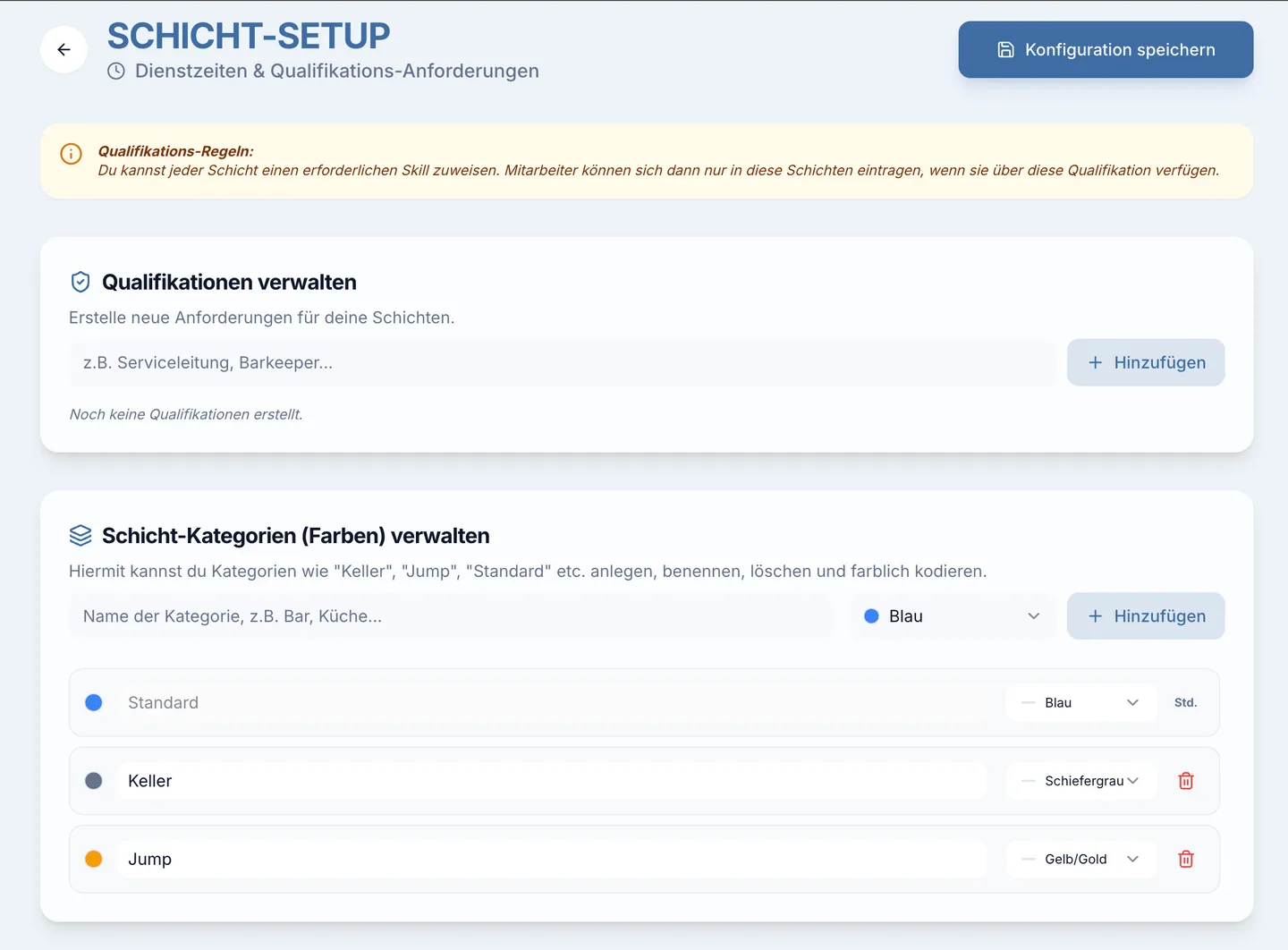 Planda shift setup with qualifications and shift categories