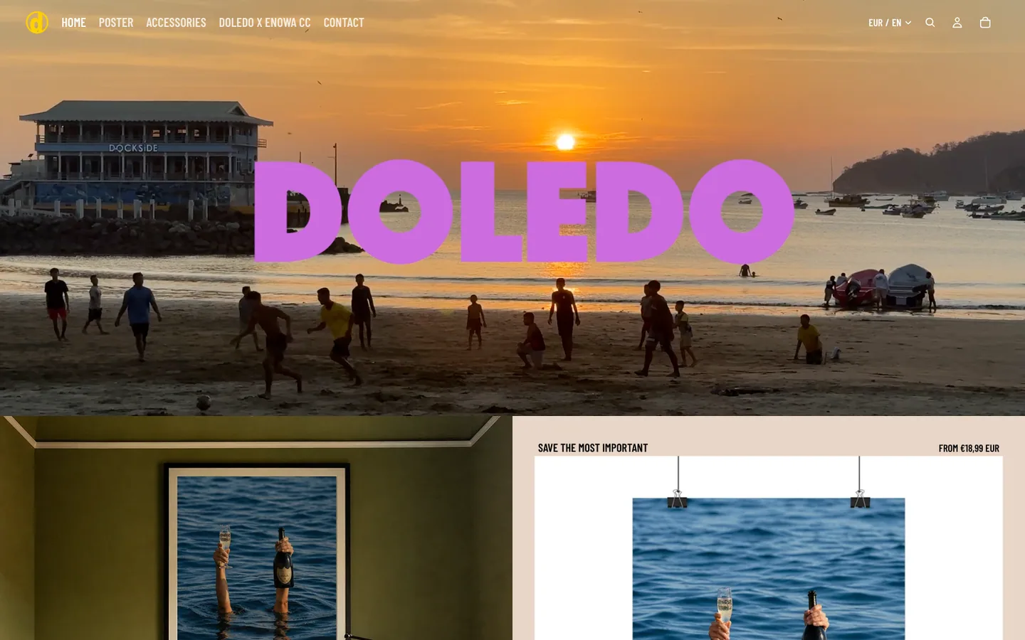 Screenshot der Doledo-Collective-Startseite mit großem DOLEDO-Schriftzug über einem Strandmotiv