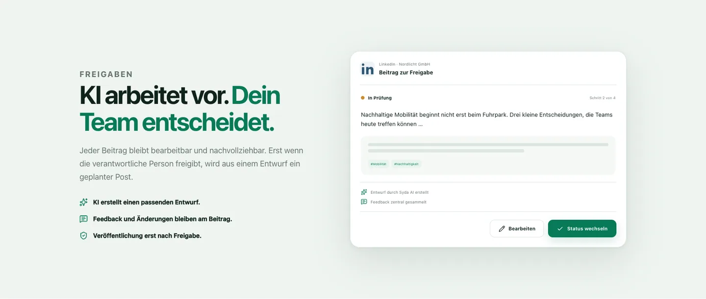 Öffentliche SYDA-Social-Freigabedemo mit einem Beispielbeitrag, Prüfstatus und Bearbeitungsaktionen