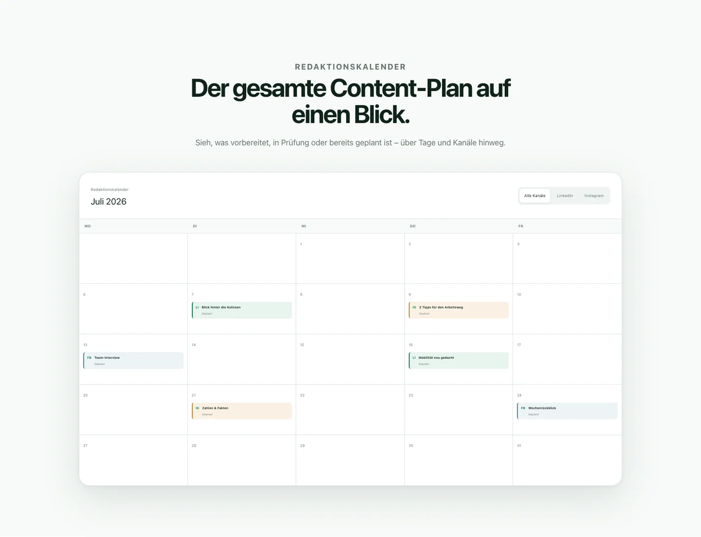 Öffentliche Redaktionskalender-Demo von SYDA Social mit Beispielbeiträgen und Kanalfiltern