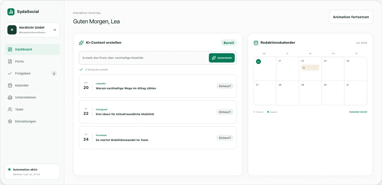 Öffentliche SYDA-Social-Produktdemo mit KI-Entwürfen, Freigaben und Redaktionskalender für ein Beispielunternehmen