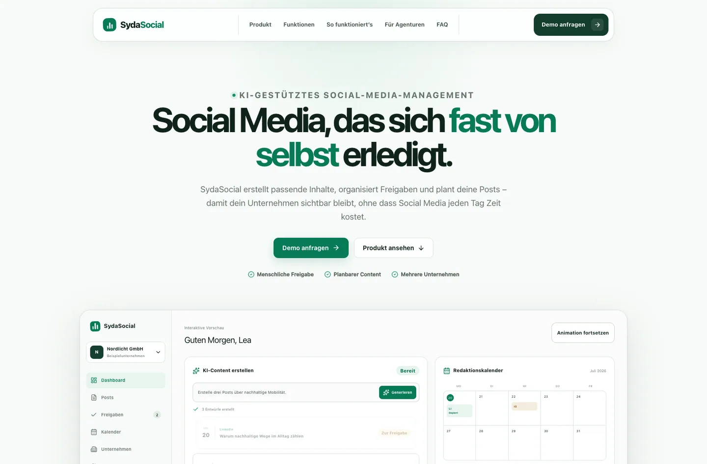 SYDA-Social-Startseite mit Produktbeschreibung, Demo-Anfrage und öffentlicher Dashboard-Vorschau