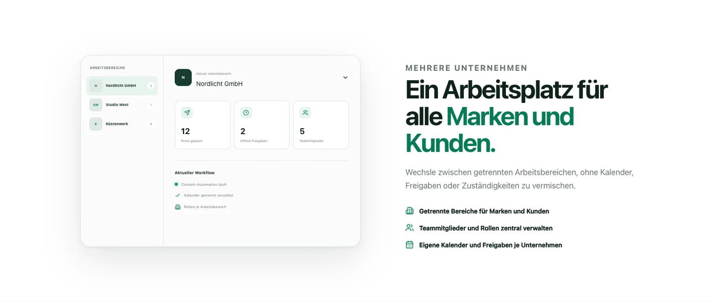 Öffentliche SYDA-Social-Demo mit getrennten Arbeitsbereichen für fiktive Beispielunternehmen