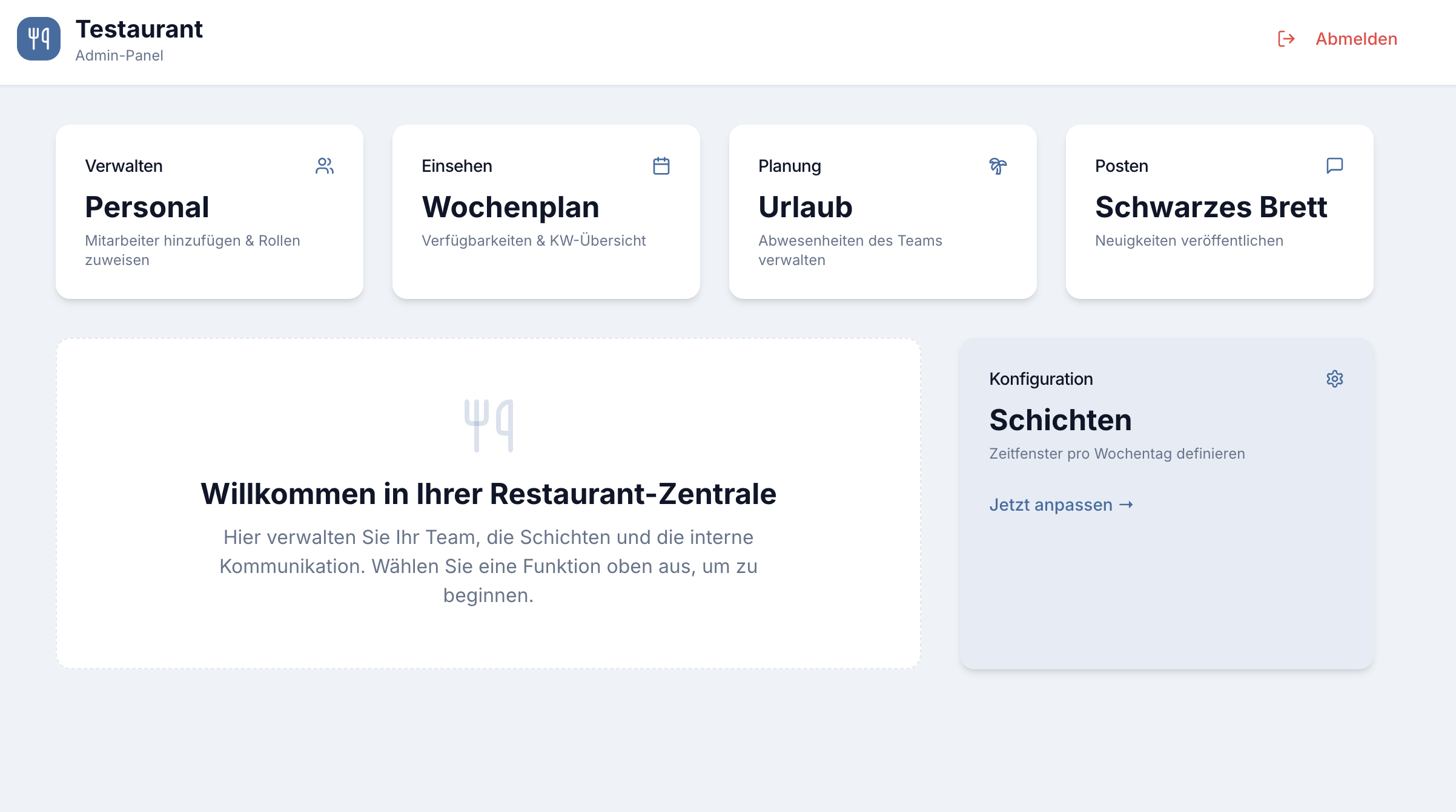 Planda Admin-Panel mit Karten für Personal, Wochenplan, Urlaub, Schwarzes Brett und Schichten