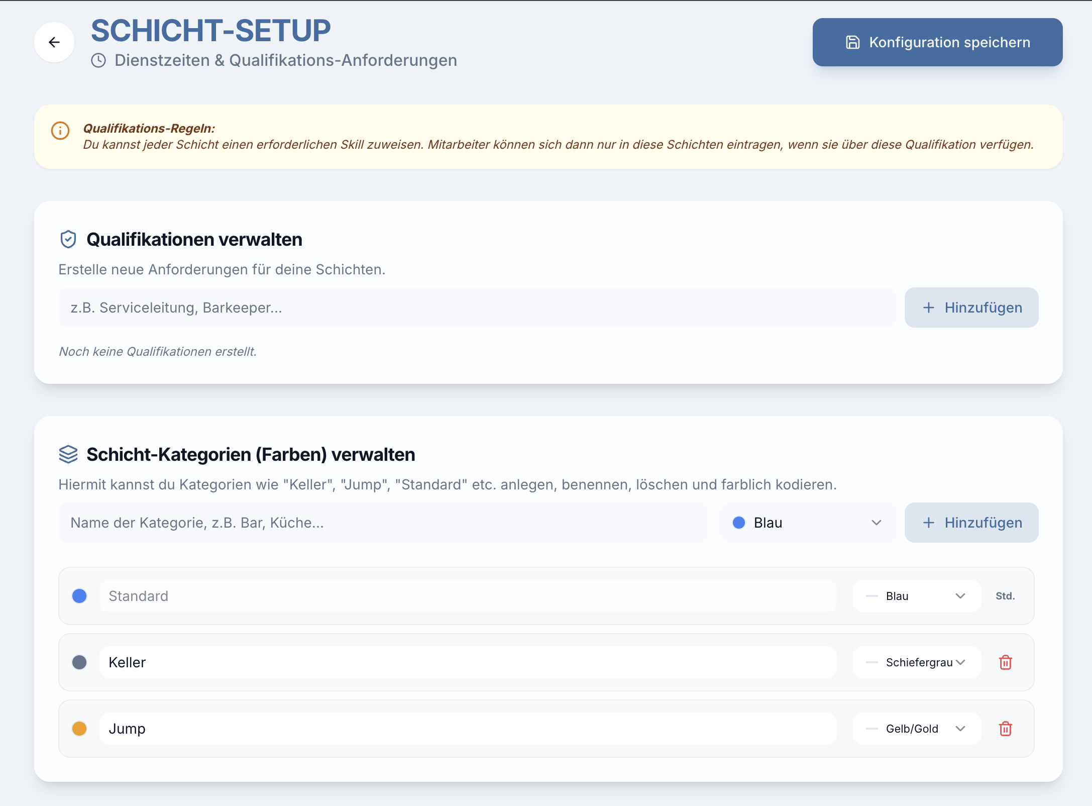 Planda Schicht-Setup mit Qualifikationen und Schicht-Kategorien